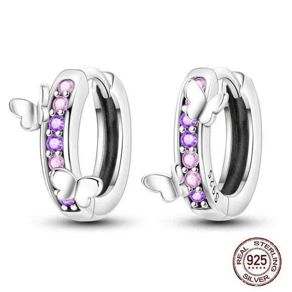 Butterfly Sterling Silver Huggie Hoop Earrings with Pink & Purple Zircons S925